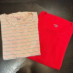2 tops one short sleeve striped, and one long sleeved red waffle